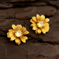 Real Gold Sunflower Flower Zircon Earrings