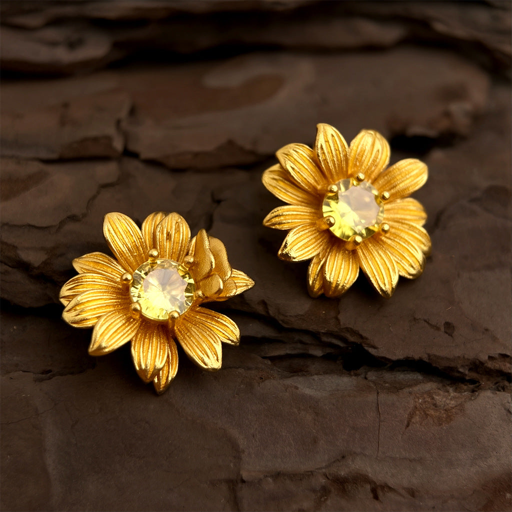 Real Gold Sunflower Flower Zircon Earrings