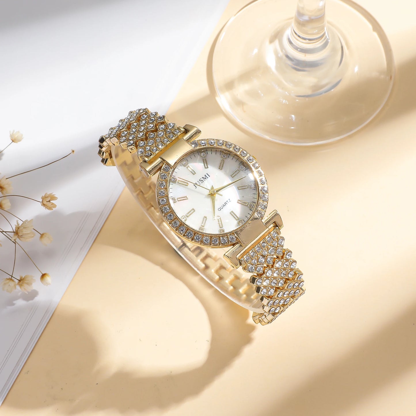 2pcs/set Simple round diamond inlaid ladies quartz watches simple bracelet jewelry sets suitable for holiday gifts