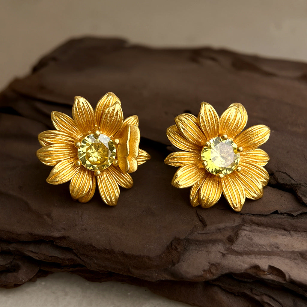 Real Gold Sunflower Flower Zircon Earrings