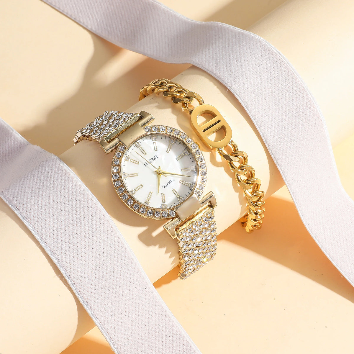 2pcs/set Simple round diamond inlaid ladies quartz watches simple bracelet jewelry sets suitable for holiday gifts