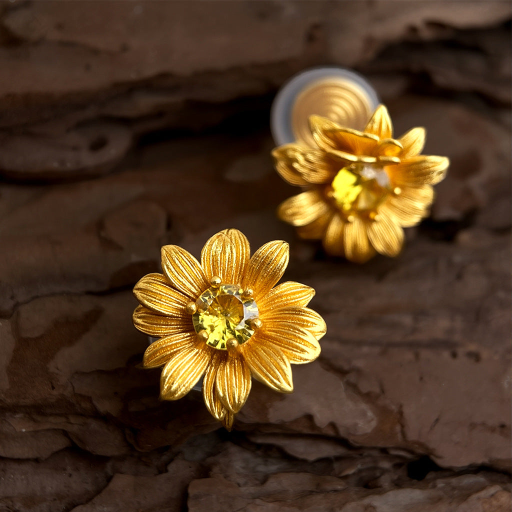 Real Gold Sunflower Flower Zircon Earrings