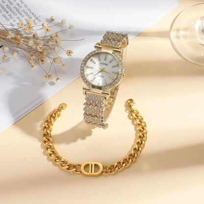 2pcs/set Simple round diamond inlaid ladies quartz watches simple bracelet jewelry sets suitable for holiday gifts