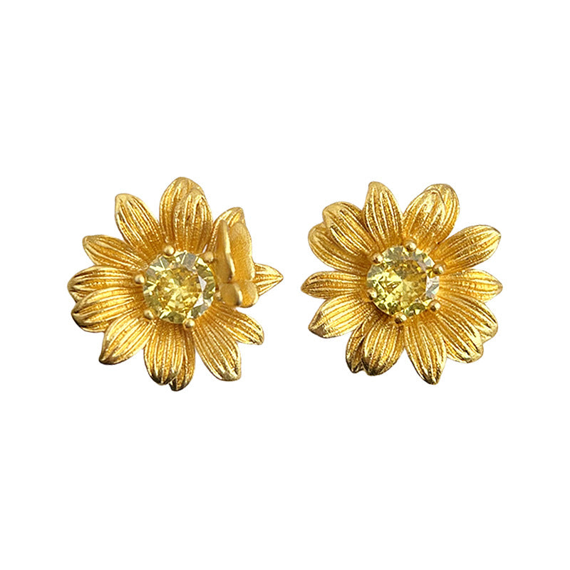 Real Gold Sunflower Flower Zircon Earrings