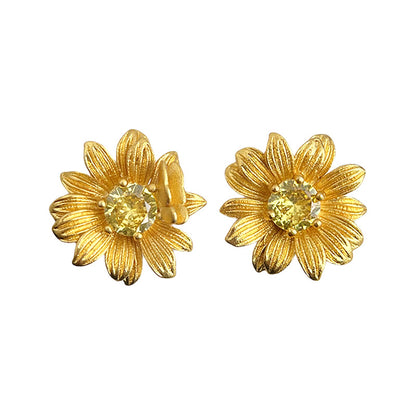 Real Gold Sunflower Flower Zircon Earrings